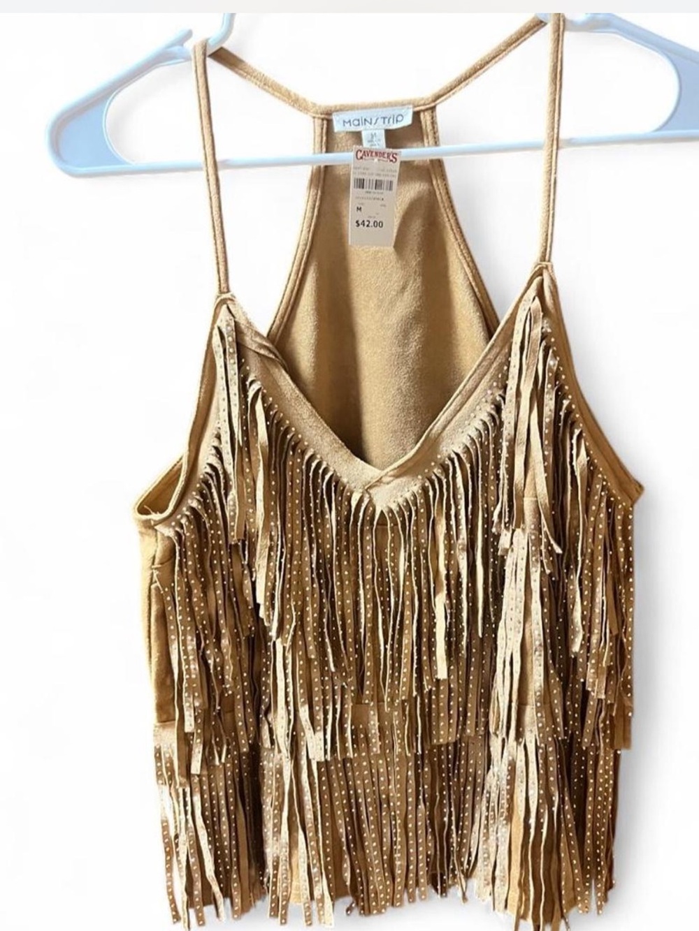 Main Strip Beige Suede Fringe Tank M | Rhinestone Western Top